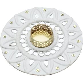 Decorative White Handmade Wooden Round Teal Light Holder Candle Holder T Lights Candle Stand Traditional Cultural Decorations Lighting Accessories Home Festival Décor (Size:-6")(Without Wax)