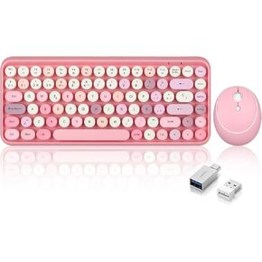 Perixx PERIDUO-713 ES Set de ratón y Mini Teclado inalámbrico 2.4 GHz - Teclas Retro Redondas - Rosado Pastel - Español QWERTY