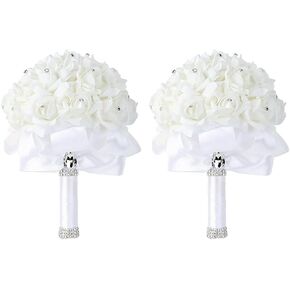 Foraineam 2 Pack Wedding Bouquet Bridal Bridesmaid Holding Flowers Foam Roses Artificial Fake Flower Hand Bouquets with Crystals Soft Ribbons