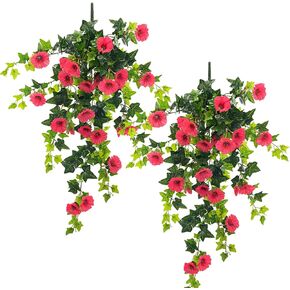 Artificial Petunias for Outdoors Uv Resistant Fake Petunias Plants Hanging Flower Patio Decor Outside Basket Realistic Silk Petunias Plant for Window Decor (Rose Red 2pcs)
