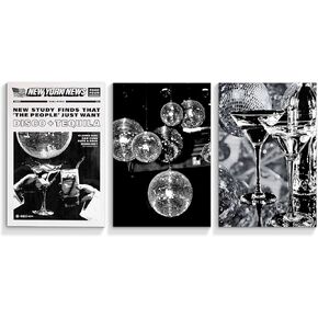 Neejaold Black White Disco Ball Canvas Wall Art, 3 Piece 12x16in Funk Trendy Disco Tequila Print, Vintage 70s New York Times Poster, Luxury Alcohol Pictures Girly Dorm Room Bar Cart Decor Unframed
