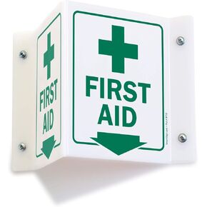 SmartSign"First Aid" Projecting Sign with Down Arrow | 5" x 6" Acrylic, Made in USA