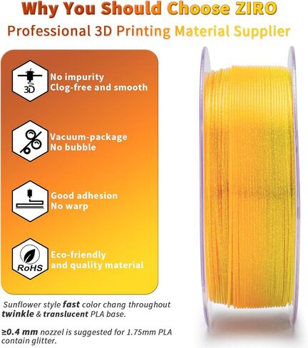 ZIRO PLA Filament 1.75 مم، لون سريع التغير PLA، بريق لامع مع قاعدة PLA ملونة شفافة، مادة طباعة ثلاثية الأبعاد، بكرة 1 كجم/2.2 رطل، تناسب معظم طابعات FDM، سلسلة الزهور، عباد الشمس in Kuwait