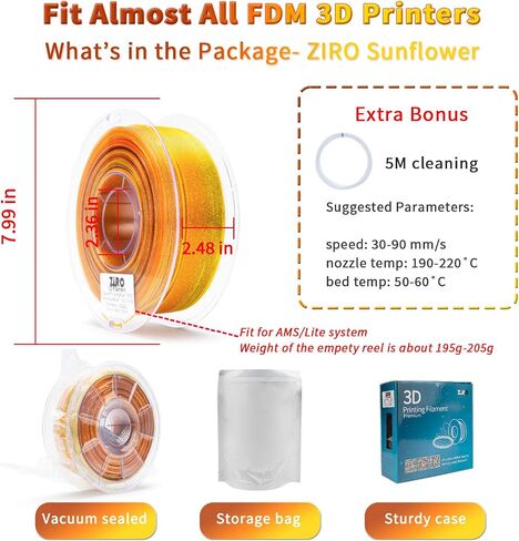 ZIRO PLA Filament 1.75 مم، لون سريع التغير PLA، بريق لامع مع قاعدة PLA ملونة شفافة، مادة طباعة ثلاثية الأبعاد، بكرة 1 كجم/2.2 رطل، تناسب معظم طابعات FDM، سلسلة الزهور، عباد الشمس in Kuwait
