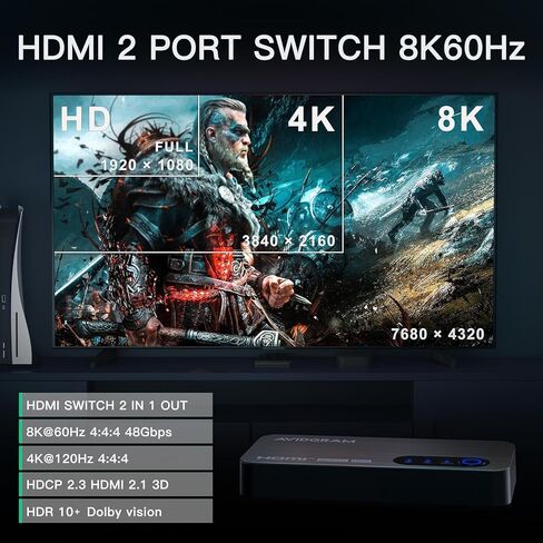 محول HDMI 2.1 4K 120 هرتز، محول AVIDGRAM HDMI 3 في 1 مع جهاز تحكم عن بعد بالأشعة تحت الحمراء، 3 منافذ 8K 60 هرتز، محور نحيف لتحديد HDMI تلقائيًا 48 جيجابت في الثانية، متوافق مع Xbox Series X، PS4 Pro، PS5، تلفزيون UHD، شاشة، جهاز عرض in Kuwait