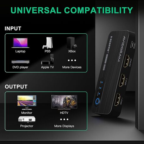 محول HDMI 2.1 4K 120 هرتز، محول AVIDGRAM HDMI 3 في 1 مع جهاز تحكم عن بعد بالأشعة تحت الحمراء، 3 منافذ 8K 60 هرتز، محور نحيف لتحديد HDMI تلقائيًا 48 جيجابت في الثانية، متوافق مع Xbox Series X، PS4 Pro، PS5، تلفزيون UHD، شاشة، جهاز عرض in Kuwait
