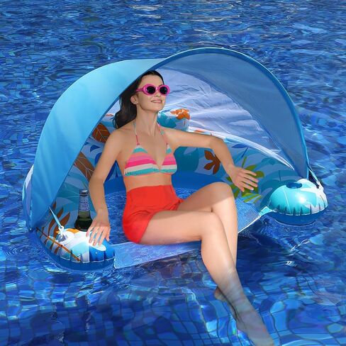 LAYCOL Premium Pool Floats Adult with Canopy - Stylish Pool Lounger - Heavy Duty Pool floaties for Adults - Beach Floats Pool Chair Swimming Pool Accessories for Women Floating with Cup Phone Holder in Kuwait