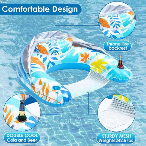 LAYCOL Premium Pool Floats Adult with Canopy - Stylish Pool Lounger - Heavy Duty Pool floaties for Adults - Beach Floats Pool Chair Swimming Pool Accessories for Women Floating with Cup Phone Holder in Kuwait