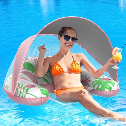 LAYCOL Premium Pool Floats Adult with Canopy - Stylish Pool Lounger - Heavy Duty Pool floaties for Adults - Beach Floats Pool Chair Swimming Pool Accessories for Women Floating with Cup Phone Holder in Kuwait
