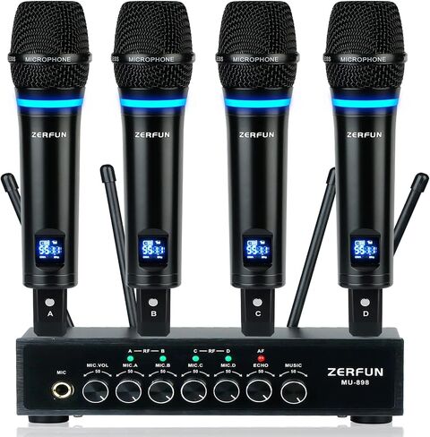 ZERFUN GT-200 نظام ميكروفون لاسلكي قابل لإعادة الشحن 4 قنوات، ميكروفونات لاسلكية محمولة معدنية UHF ميكروفونات لاسلكية مع التحكم في قناة Echo Treble BASS VOL لأحداث الكنيسة الغنائية للكاريوكي in Kuwait