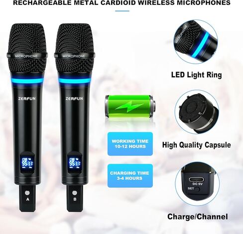 ZERFUN GT-200 نظام ميكروفون لاسلكي قابل لإعادة الشحن 4 قنوات، ميكروفونات لاسلكية محمولة معدنية UHF ميكروفونات لاسلكية مع التحكم في قناة Echo Treble BASS VOL لأحداث الكنيسة الغنائية للكاريوكي in Kuwait