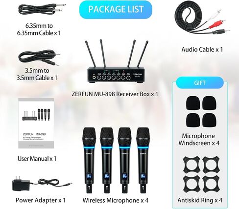 ZERFUN GT-200 نظام ميكروفون لاسلكي قابل لإعادة الشحن 4 قنوات، ميكروفونات لاسلكية محمولة معدنية UHF ميكروفونات لاسلكية مع التحكم في قناة Echo Treble BASS VOL لأحداث الكنيسة الغنائية للكاريوكي in Kuwait