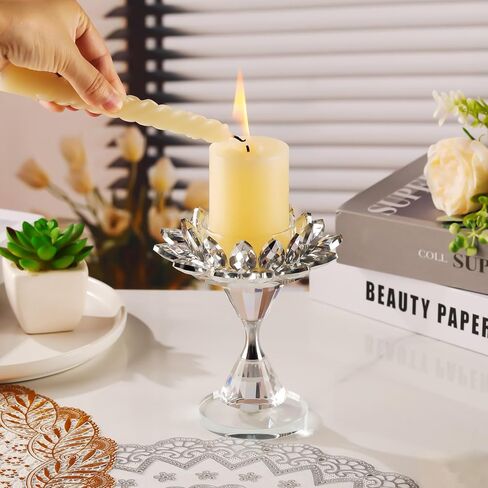 حامل شموع على شكل زهرة اللوتس الكريستال الفضي من YWHL، حامل شموع للشموع الدعامة، حامل عصي شموع زجاجية لتزيين القطعة المركزية للطاولة، حامل شموع على شكل عمود مزخرف لديكور حفلات الزفاف in Kuwait
