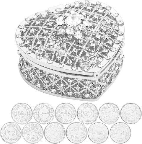 Arras Para Boda Catolica - 13pc Wedding Unity Coins with Diamond Heart Shaped Box, Arras de matrimonio, Wedding Coins for Unity Ceremony Ideas, Arras de boda Catolica,Unity Coins Catholic (Silver) in Saudi Arabia