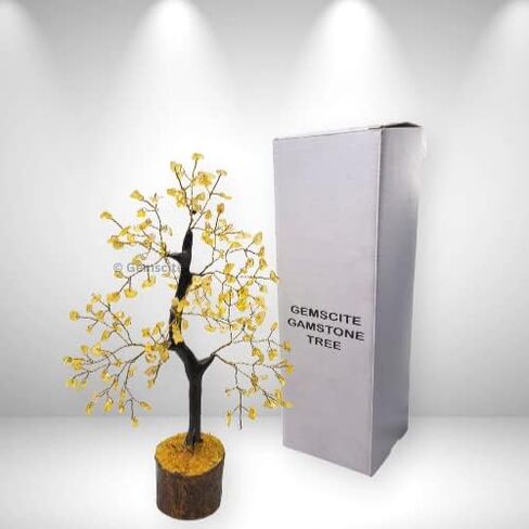 GEMSCITE Gemstone Citrine Tree Size 8" Handmade Feng Shui Figurine Money Bonsai Good Luck Reiki Healing Crystals - Golden Wire - 160 Chips Wala in Saudi Arabia