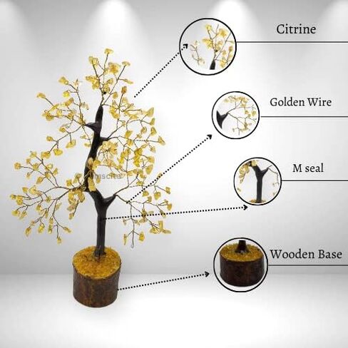 GEMSCITE Gemstone Citrine Tree Size 8" Handmade Feng Shui Figurine Money Bonsai Good Luck Reiki Healing Crystals - Golden Wire - 160 Chips Wala in Saudi Arabia
