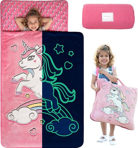 Glow in The Dark Kids Nap Mat - Nap Mats for Preschool, Toddler Sleeping Bag with Pillow and Blanket, Fun Dinosaur & Unicorn Designs, Ages 2-8 Years in Saudi Arabia