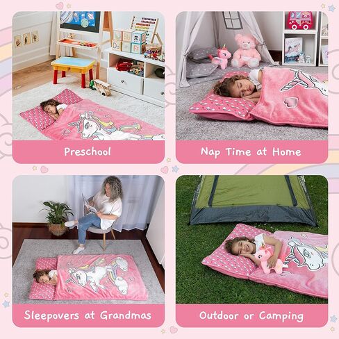 Glow in The Dark Kids Nap Mat - Nap Mats for Preschool, Toddler Sleeping Bag with Pillow and Blanket, Fun Dinosaur & Unicorn Designs, Ages 2-8 Years in Saudi Arabia