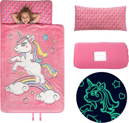 Glow in The Dark Kids Nap Mat - Nap Mats for Preschool, Toddler Sleeping Bag with Pillow and Blanket, Fun Dinosaur & Unicorn Designs, Ages 2-8 Years in Saudi Arabia