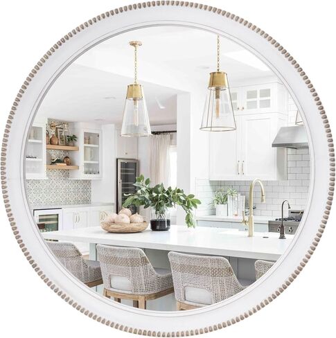 sawsile Round Decorative Mirror 24inch Circle Farmhouse Style Mirror Rustic Natural Wooden Frame Beads Mirror for Bedroom, Bathroom, Living Room or Entryway in Kuwait