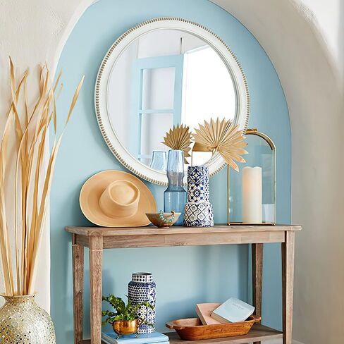 sawsile Round Decorative Mirror 24inch Circle Farmhouse Style Mirror Rustic Natural Wooden Frame Beads Mirror for Bedroom, Bathroom, Living Room or Entryway in Kuwait