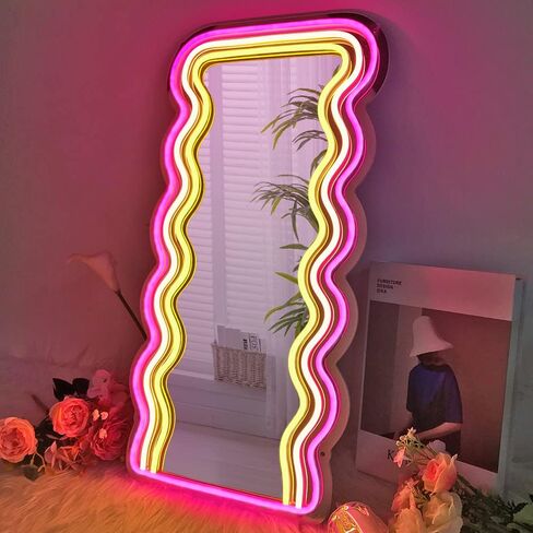 jXIN Wavy Mirror Neon Signs for Wall Decor, 21.3"x 10.6" Wall Mounted Irregular Decorative Mirrors with Dimmable Neon Lights as Gifts for Women Girls, Funny Preppy Room Decor and Office Decor in Saudi Arabia