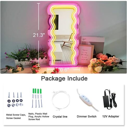 jXIN Wavy Mirror Neon Signs for Wall Decor, 21.3"x 10.6" Wall Mounted Irregular Decorative Mirrors with Dimmable Neon Lights as Gifts for Women Girls, Funny Preppy Room Decor and Office Decor in Saudi Arabia