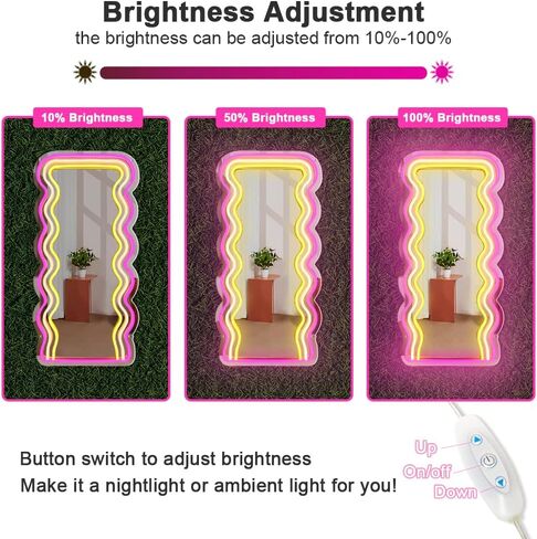 jXIN Wavy Mirror Neon Signs for Wall Decor, 21.3"x 10.6" Wall Mounted Irregular Decorative Mirrors with Dimmable Neon Lights as Gifts for Women Girls, Funny Preppy Room Decor and Office Decor in Saudi Arabia