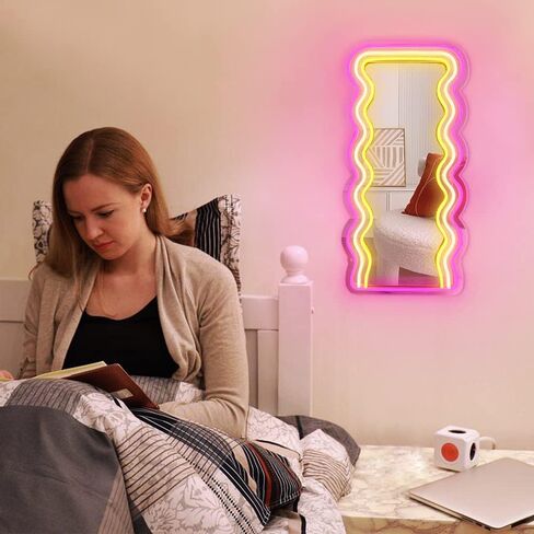 jXIN Wavy Mirror Neon Signs for Wall Decor, 21.3"x 10.6" Wall Mounted Irregular Decorative Mirrors with Dimmable Neon Lights as Gifts for Women Girls, Funny Preppy Room Decor and Office Decor in Saudi Arabia