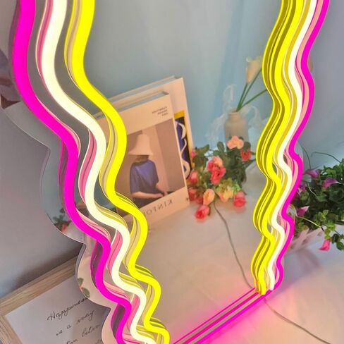 jXIN Wavy Mirror Neon Signs for Wall Decor, 21.3"x 10.6" Wall Mounted Irregular Decorative Mirrors with Dimmable Neon Lights as Gifts for Women Girls, Funny Preppy Room Decor and Office Decor in Saudi Arabia
