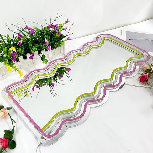 jXIN Wavy Mirror Neon Signs for Wall Decor, 21.3"x 10.6" Wall Mounted Irregular Decorative Mirrors with Dimmable Neon Lights as Gifts for Women Girls, Funny Preppy Room Decor and Office Decor in Saudi Arabia