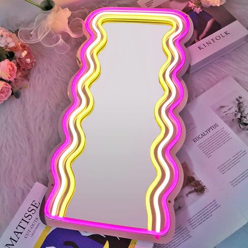 jXIN Wavy Mirror Neon Signs for Wall Decor, 21.3"x 10.6" Wall Mounted Irregular Decorative Mirrors with Dimmable Neon Lights as Gifts for Women Girls, Funny Preppy Room Decor and Office Decor in Saudi Arabia