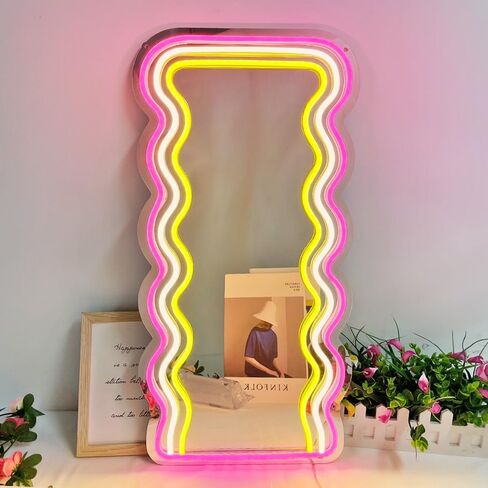 jXIN Wavy Mirror Neon Signs for Wall Decor, 21.3"x 10.6" Wall Mounted Irregular Decorative Mirrors with Dimmable Neon Lights as Gifts for Women Girls, Funny Preppy Room Decor and Office Decor in Saudi Arabia