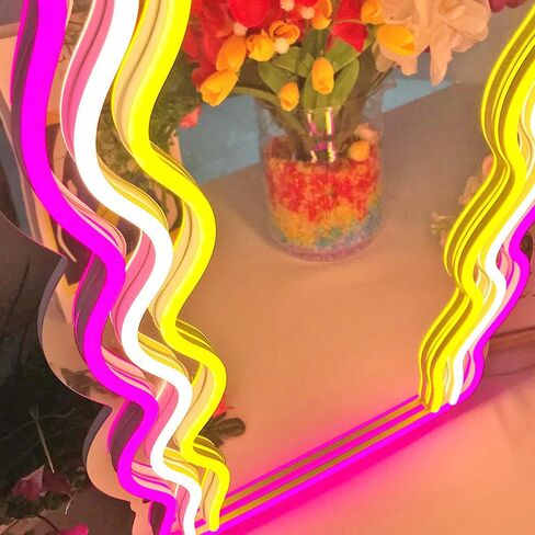 jXIN Wavy Mirror Neon Signs for Wall Decor, 21.3"x 10.6" Wall Mounted Irregular Decorative Mirrors with Dimmable Neon Lights as Gifts for Women Girls, Funny Preppy Room Decor and Office Decor in Saudi Arabia