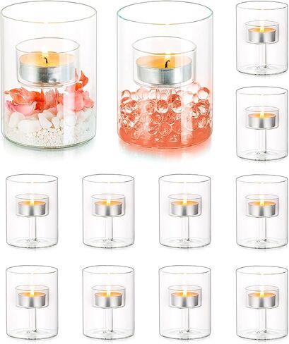 Tealight Candle Holder for Table Centerpiece: Hewory 12 PCS Glass Hurricane Candle Holder for Tealight, Votive, Floating Candle, Clear Tea Lights Candle Holders for Dinning Room Wedding Party Decor… in Saudi Arabia