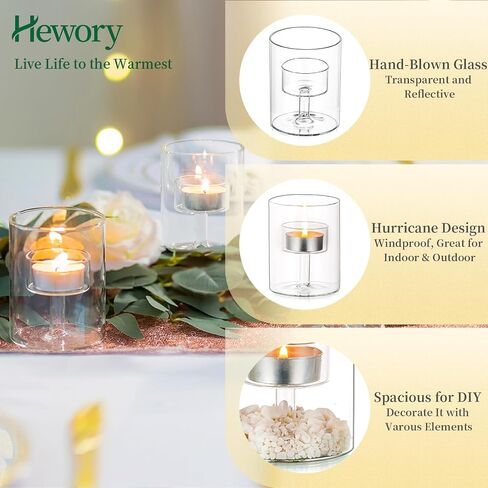 Tealight Candle Holder for Table Centerpiece: Hewory 12 PCS Glass Hurricane Candle Holder for Tealight, Votive, Floating Candle, Clear Tea Lights Candle Holders for Dinning Room Wedding Party Decor… in Saudi Arabia