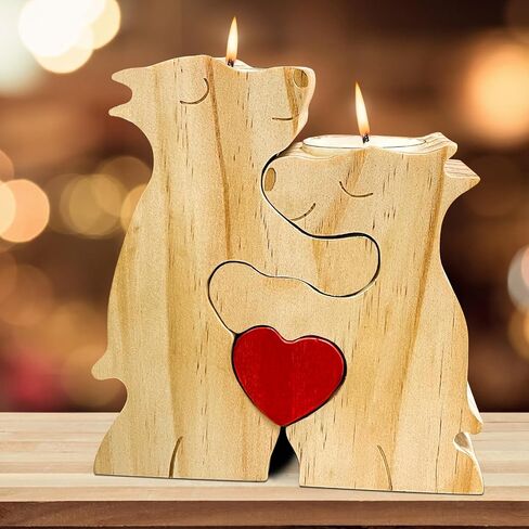 Yeelan Wooden Votive Candle Holders,Bear Couple Puzzle, Romantic Tealight Candle Holder,Natural Rustic Home Decor,Best Friend Birthday Gifts for Women,Valentines Wedding Decor in Saudi Arabia