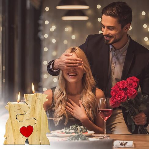 Yeelan Wooden Votive Candle Holders,Bear Couple Puzzle, Romantic Tealight Candle Holder,Natural Rustic Home Decor,Best Friend Birthday Gifts for Women,Valentines Wedding Decor in Saudi Arabia