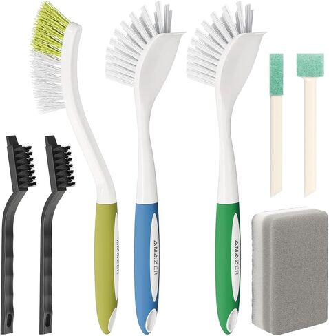 Amazer 8 Pack Cleaning Brush Set for Kitchen, Dish Scrubber Brush with Stiff Bristles, Crevice Brush, Scouring Pad, Stove Brush Tools for Household Use Sink, Pots, Bathroom, Window, Grout in Saudi Arabia