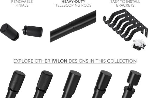 Ivilon Curtain Rods for Windows - Diamond Knurled End Cap, 1 inch Diameter, Telescoping Adjustable Curtain Rod, 72 to 144 Inches. Color Black in Saudi Arabia