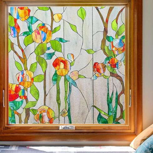 Kromapolis Stained Glass Window Film, 3D Floral Decorative Window Privacy Film, Frosted Window Clings, UV Sun Blocking Non-Adhesive Glass Window Tint for Home (Textured, 16.9 x 39.4 inch) in Saudi Arabia
