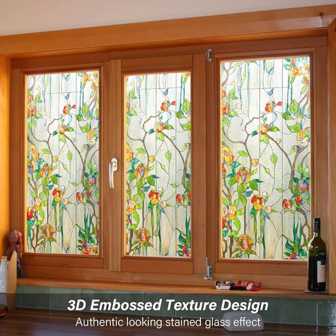Kromapolis Stained Glass Window Film, 3D Floral Decorative Window Privacy Film, Frosted Window Clings, UV Sun Blocking Non-Adhesive Glass Window Tint for Home (Textured, 16.9 x 39.4 inch) in Saudi Arabia
