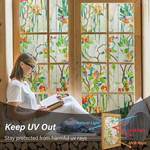 Kromapolis Stained Glass Window Film, 3D Floral Decorative Window Privacy Film, Frosted Window Clings, UV Sun Blocking Non-Adhesive Glass Window Tint for Home (Textured, 16.9 x 39.4 inch) in Saudi Arabia