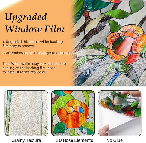 Kromapolis Stained Glass Window Film, 3D Floral Decorative Window Privacy Film, Frosted Window Clings, UV Sun Blocking Non-Adhesive Glass Window Tint for Home (Textured, 16.9 x 39.4 inch) in Saudi Arabia