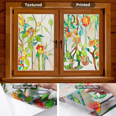 Kromapolis Stained Glass Window Film, 3D Floral Decorative Window Privacy Film, Frosted Window Clings, UV Sun Blocking Non-Adhesive Glass Window Tint for Home (Textured, 16.9 x 39.4 inch) in Saudi Arabia