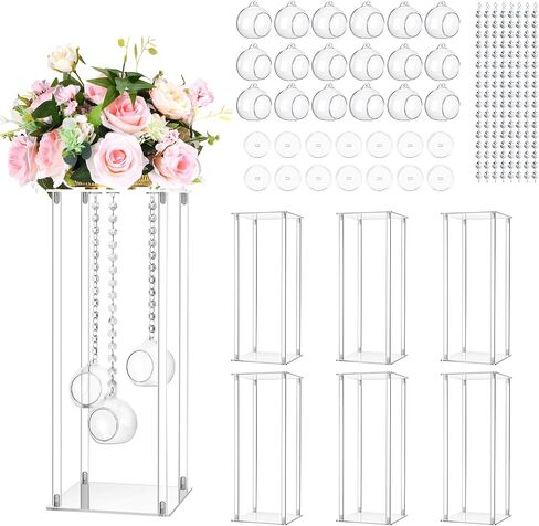 Yerliker 6 Sets 20'' Tall Wedding Centerpieces Decoration Flower Vase Clear Acrylic Flowers Stand with Hanging Glass Tealight Holder Globe, Crystal Garland Strands and Self Adhesive Hooks in Saudi Arabia