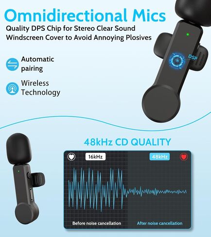 NPTCL Wireless Microphone for iPhone and Android Phones - 2 Pack Cordless Lavalier Lapel Microphone Noise Canceling Lav Mic for Video Recording Vlog TikTok Instagram in Saudi Arabia