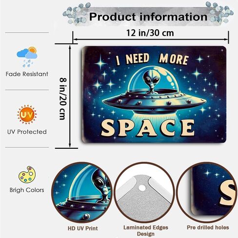 Retro Sci-Fi Space Themed Metal Tin Sign - 12x8 Inches Vintage Wall Decor with Classic UFO & Alien Design for Home, Bar, Man Cave - Galactic Outer Space Decoration in Kuwait