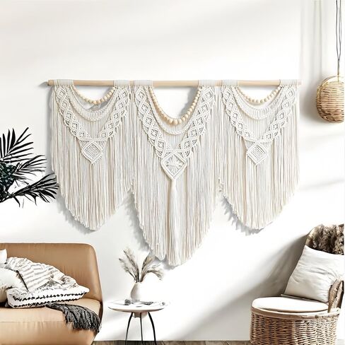 KLEVERISE Large Macrame Wall Hanging - 43"x32" Boho Handmade Woven Tapestry, Macrame Wall Hanging Large, Perfect for Bedroom, Living Room, Apartment or Wedding (Wood Bead Decoration) in Saudi Arabia