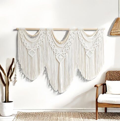 KLEVERISE Large Macrame Wall Hanging - 43"x32" Boho Handmade Woven Tapestry, Macrame Wall Hanging Large, Perfect for Bedroom, Living Room, Apartment or Wedding (Wood Bead Decoration) in Saudi Arabia